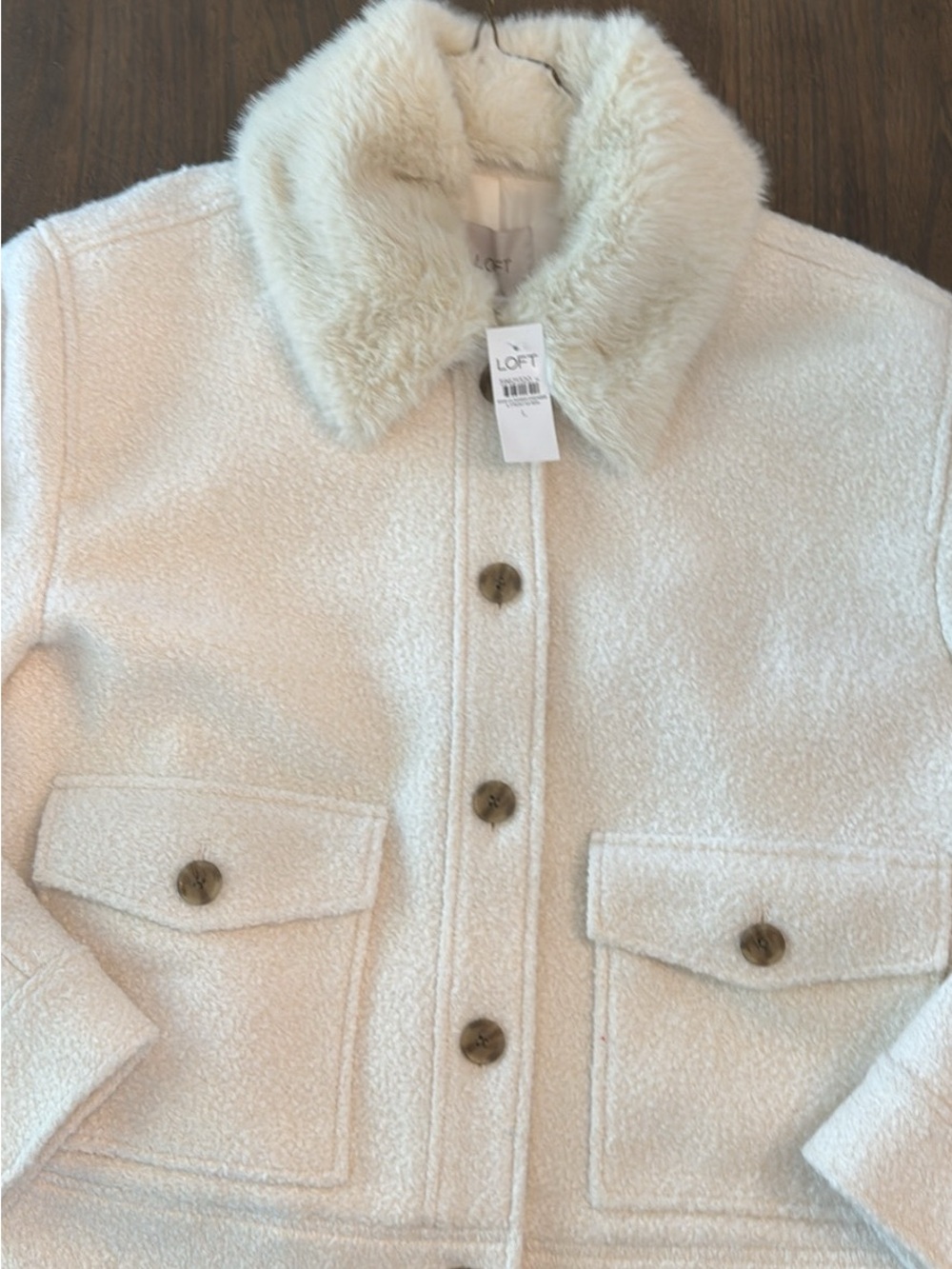 LOFT Cream Teddy Bouclé Jacket with Faux-Fur Collar